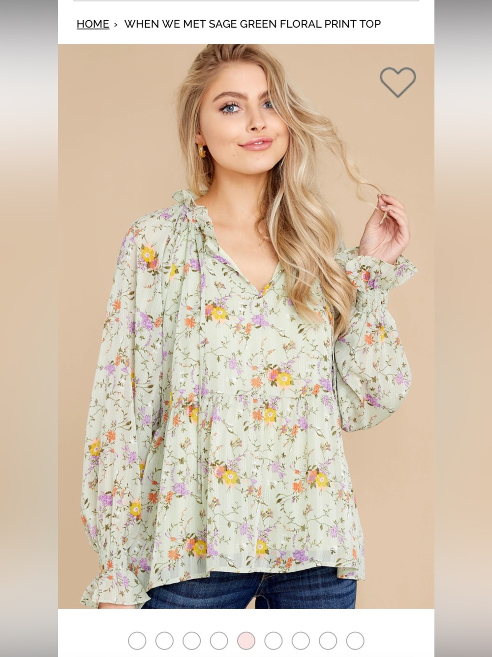 Pastel Green Floral Long Sleeve Ruffle Blouse Top